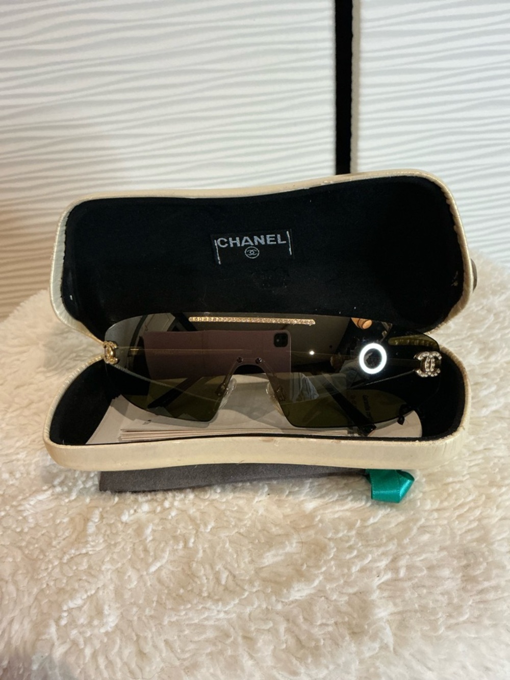 Rimless Shield Sunglasses with Olive Green Lens and Gold Detailing